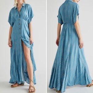 Free People NWT Rowan Maxi Dress XS Blue Striped Button Front Boho OB1480853